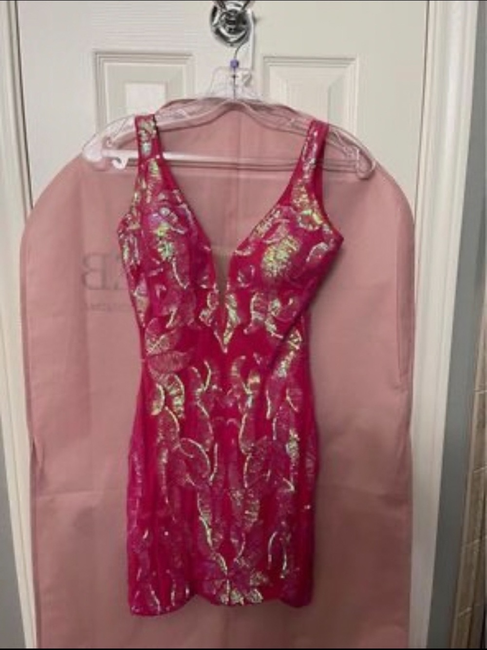 Jovani Hot Pink Sequin V-Neck Mini Dress